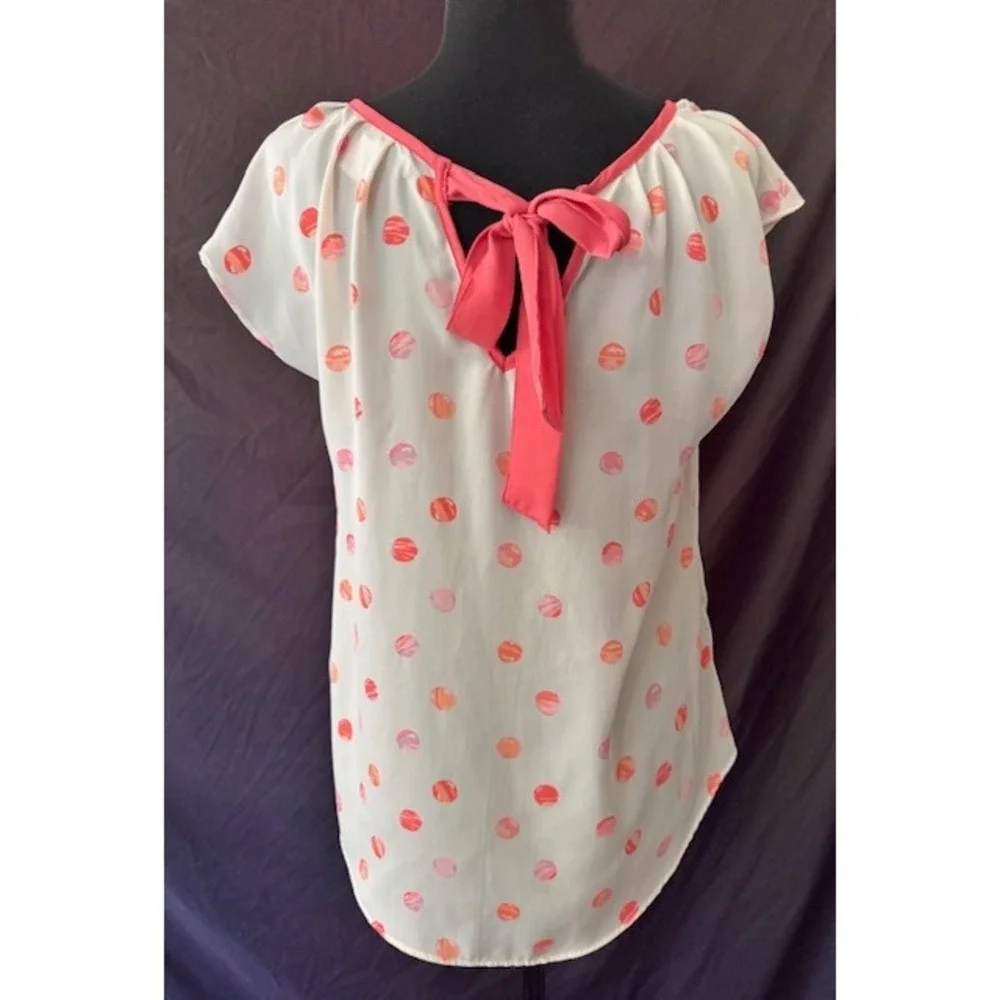 LC Lauren Conrad Women Pink Orange Polka Dot Bow Back Cap Sleeve Blouse Medium - Picture 3 of 3